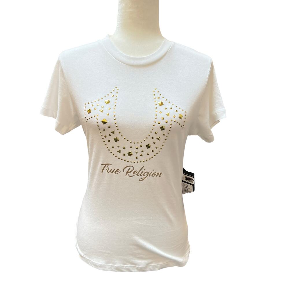 True Religion Studded Horseshoe Logo Shirt Womens Size XS White Gold Graphic Tee